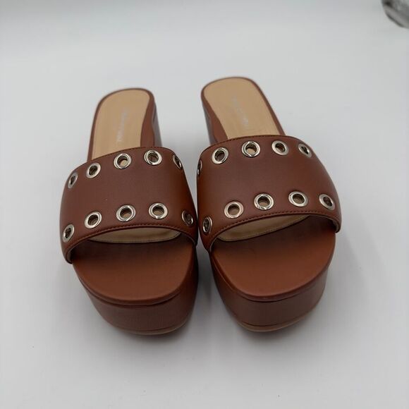 Marion Parke New Cora Brown Leather Platform Slide Sandal Grommet Details Sz 41 - Picture 1 of 9